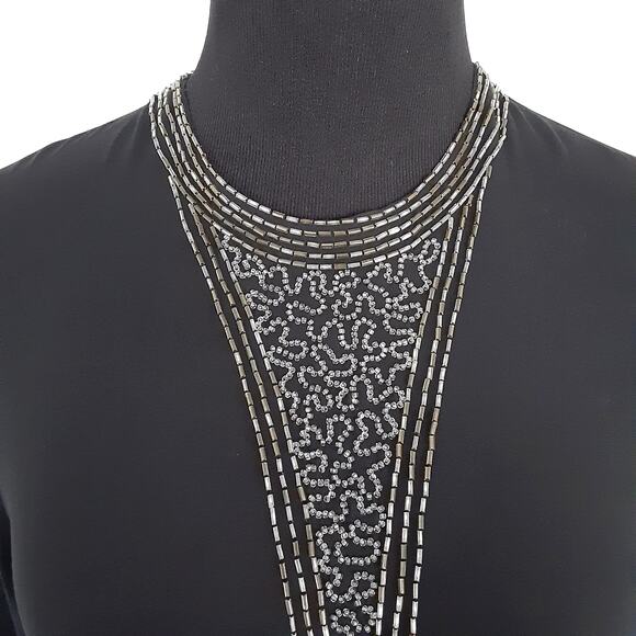 Vintage 1980s 100% Silk Tunic Blouse Black Beaded Statement Collar Long Sleeve S - Picture 3 of 16